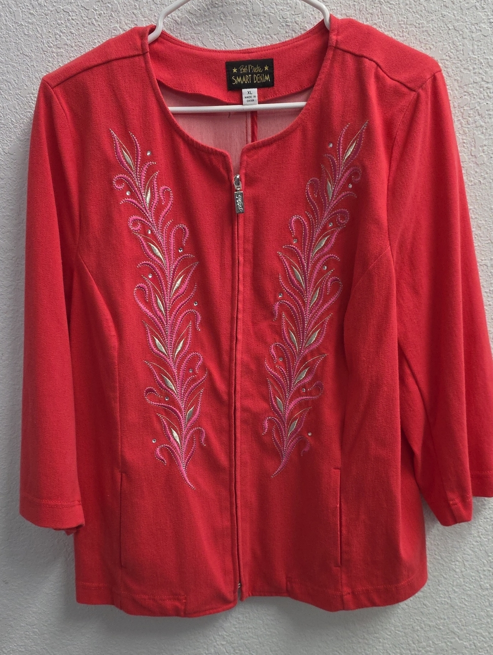Bob Mackie Wearable Art Smart Denim Embellished Zip Jacket Coral Size XL